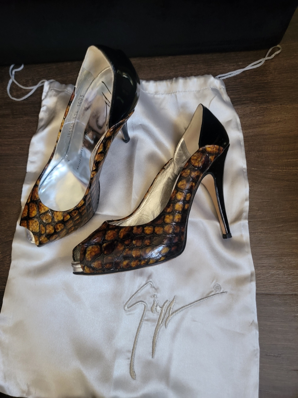 Giuseppe Zanotti Brown Croc Embossed Peep-Toe Stiletto Heels